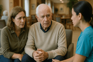 A senior man with dementia and his adult daughter meeting with a caregiver in a memory care community.